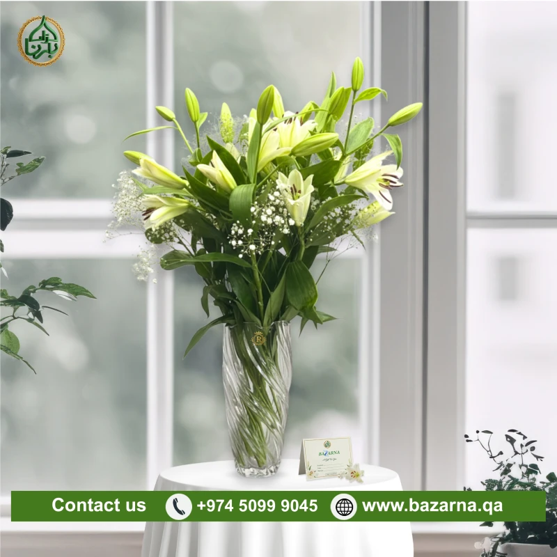 White Lily Flowers with Glass Vase